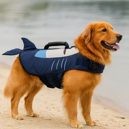 Gros chien de couleur brun portant un gilet de sauvetage pour chien de couleur bleu foncé en forme de requin. Le chien est près de l'eau. Image produit Boutiquechien