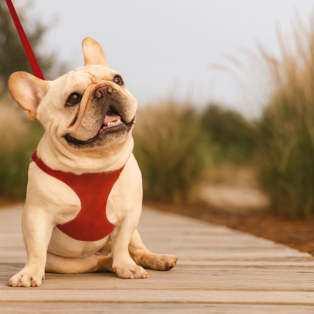 Buldog de couleur blanc portant un harnais en cuir pour petit chien de couleur rouge sur une chien en bois. Image produit boutiquechien Image