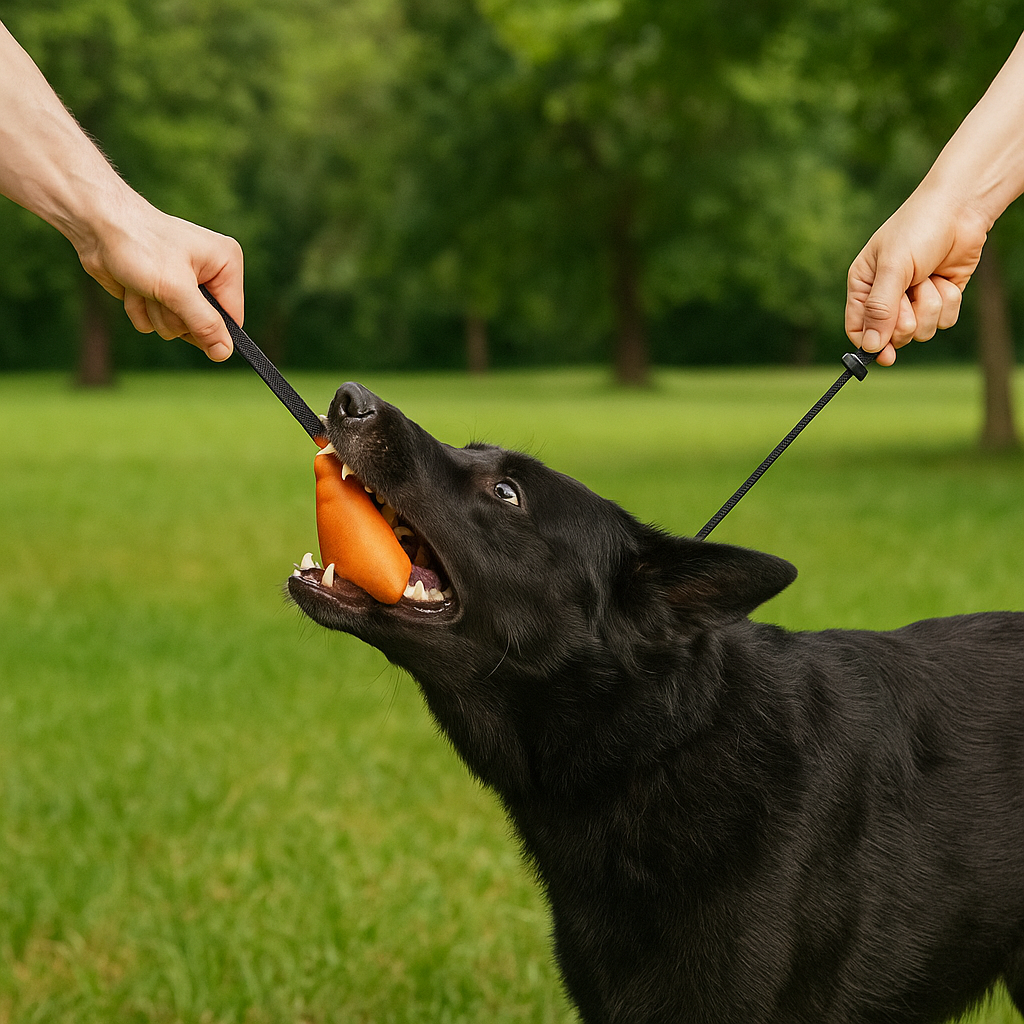 Chien s'entrainant aux mordant. Le chien est de couleur noir et se fait maintenir par un collier anti traction noir chien. Image produit Boutiquechien Image