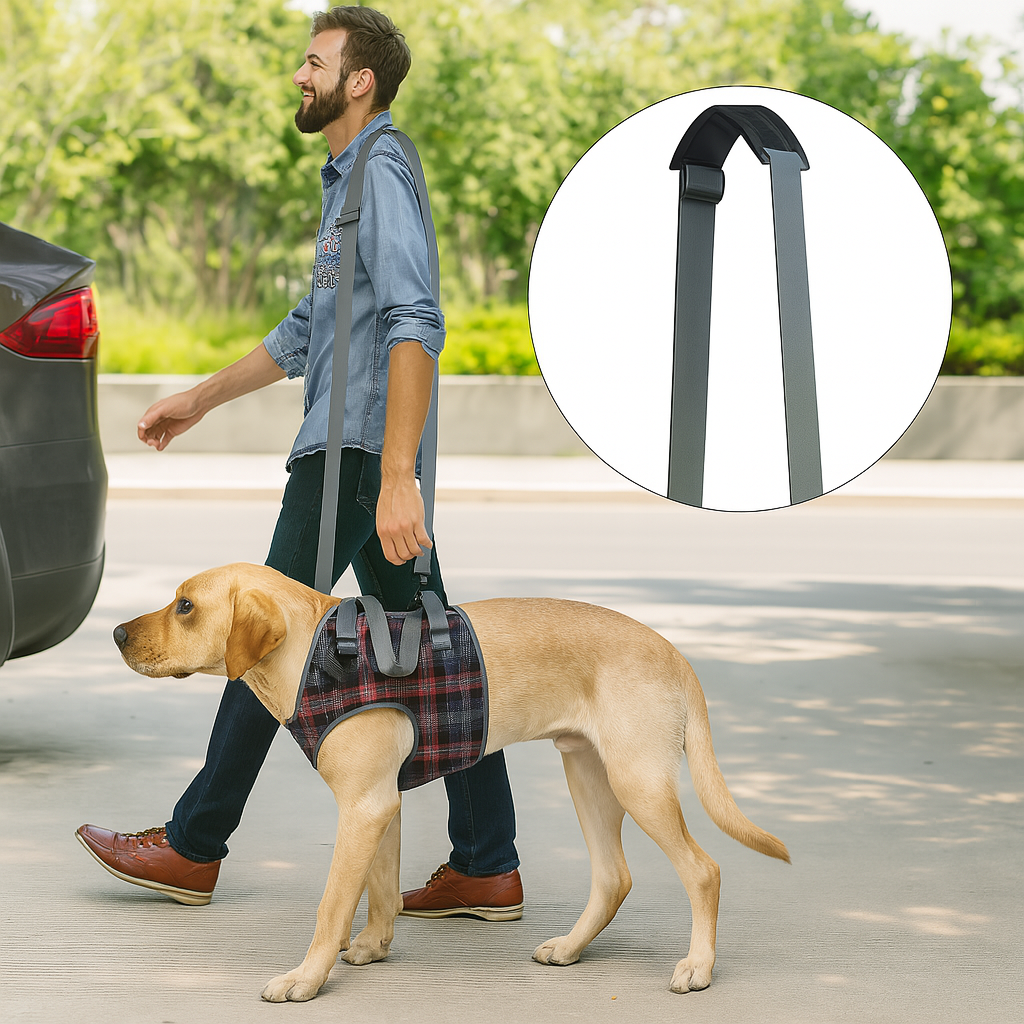 chien se faisant promener et soulager les articulation par un homme habillé en bleu et noir. Image produit Boutiquechien Image