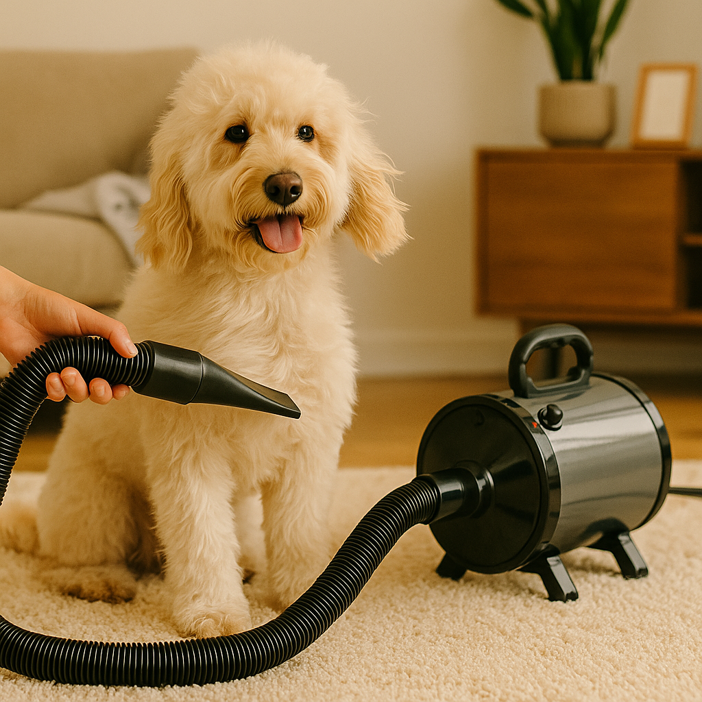 Petit chien blanc se faisant sécher les poils par un pulseur pour chien de couleur noir. Le pulseur est posé par terre dans un salon de couleur clair. Image produit Boutiquechien