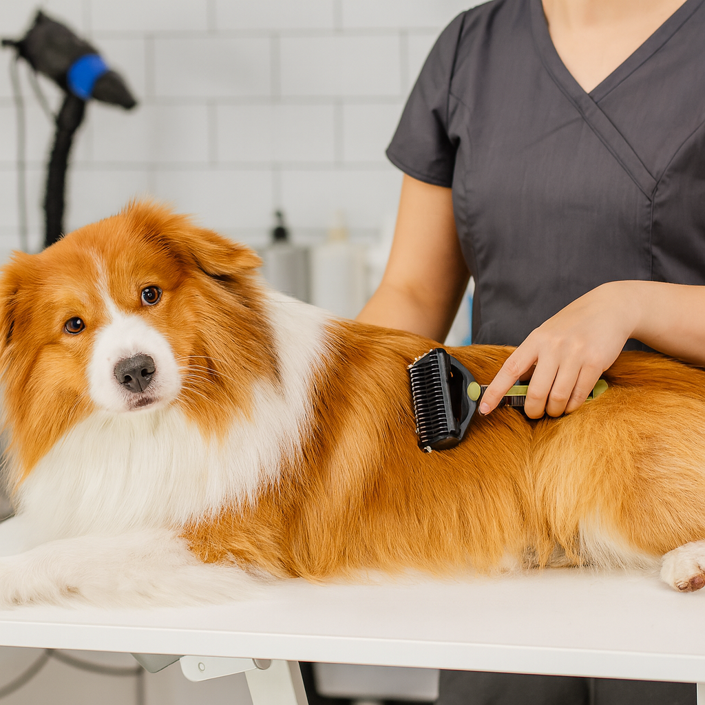 chien se faisant brosser avec une brosse sous poil professionnel de couleur noir et verte. Le chien est couché sur une table de toilettage de couleur blanche. Une femme en fond brosse le chien avec sa main gauche