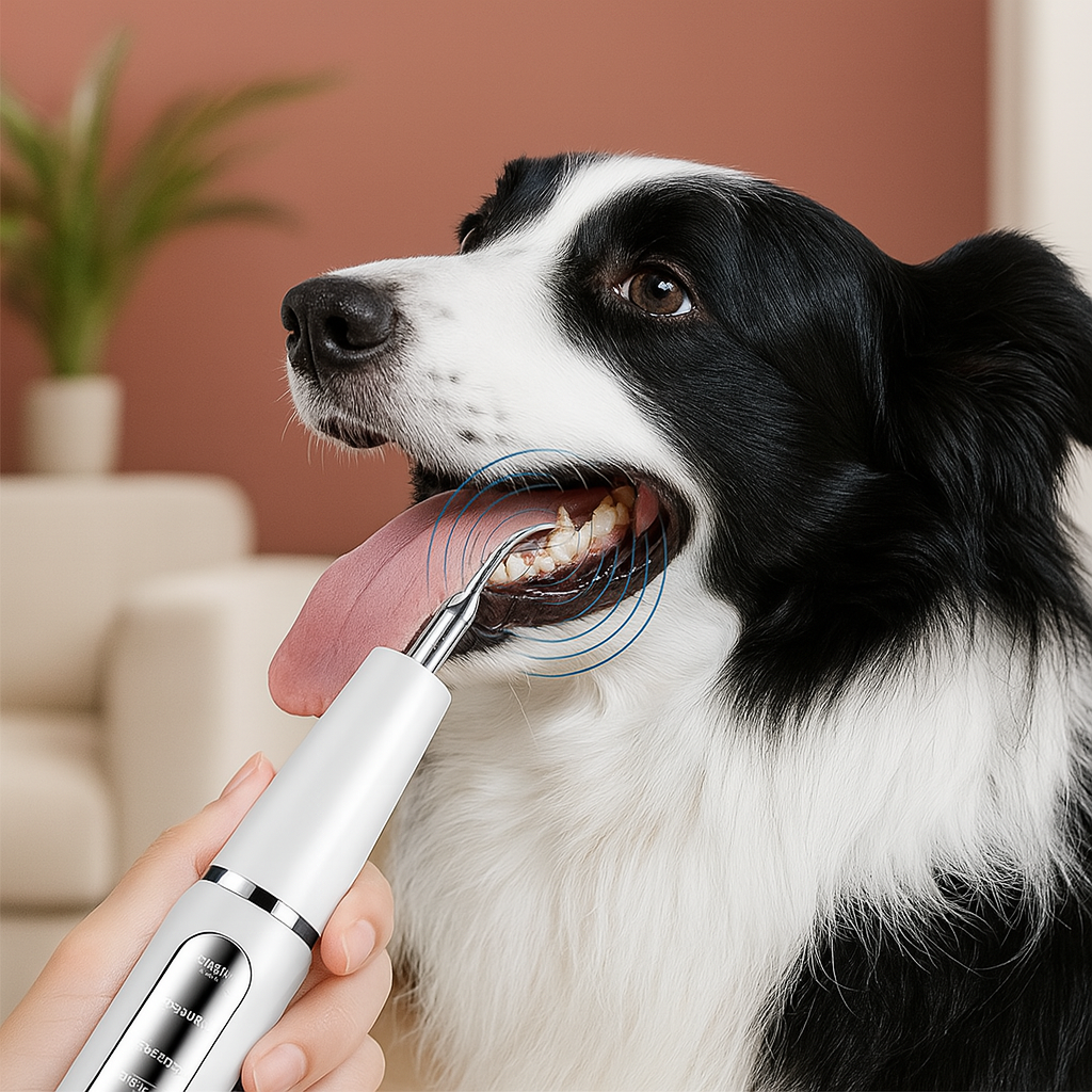 Chien blanc et noir assis se faisant nettoyer les dents par un produit anti tartre de couleur blanc. Le chien se fait soigner dans une clinique vétérinaire. Image produit Boutiquechien