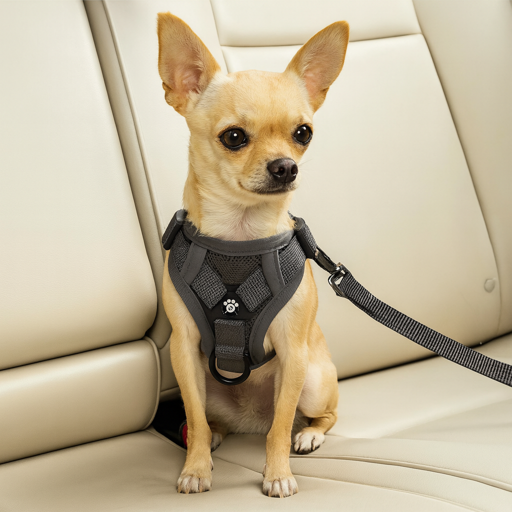 Chihuahua de couleur claire portant un harnais pour chihuahua de couleur gris. Image produit Boutiquechien