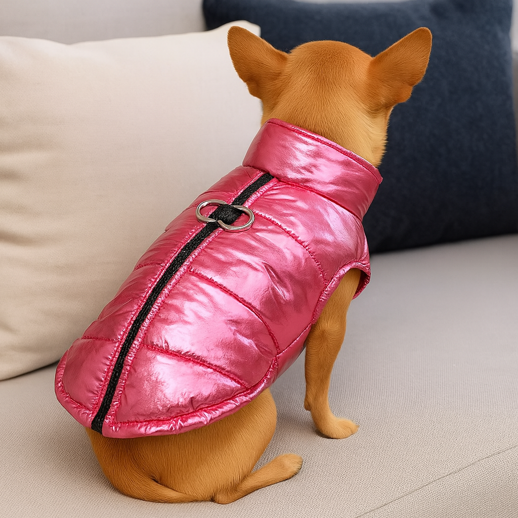 chihuahua de couleur claire avec une doudoune rose or. Le chien est assis de dos sur un canapé claire. Image produit Boutiquechien