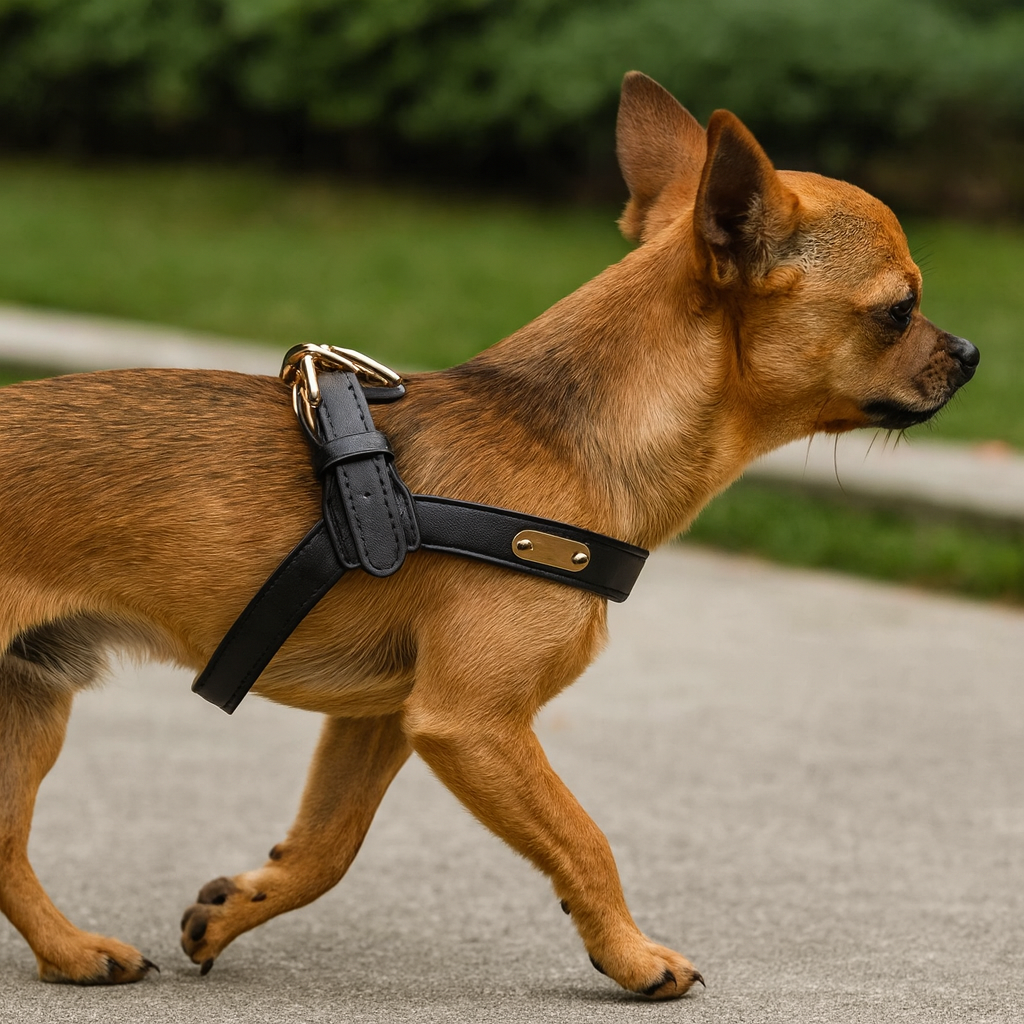 Harnais pour petit chien cuir sur un chihuahua brun dans la rue. Image produit Boutiquechien Image