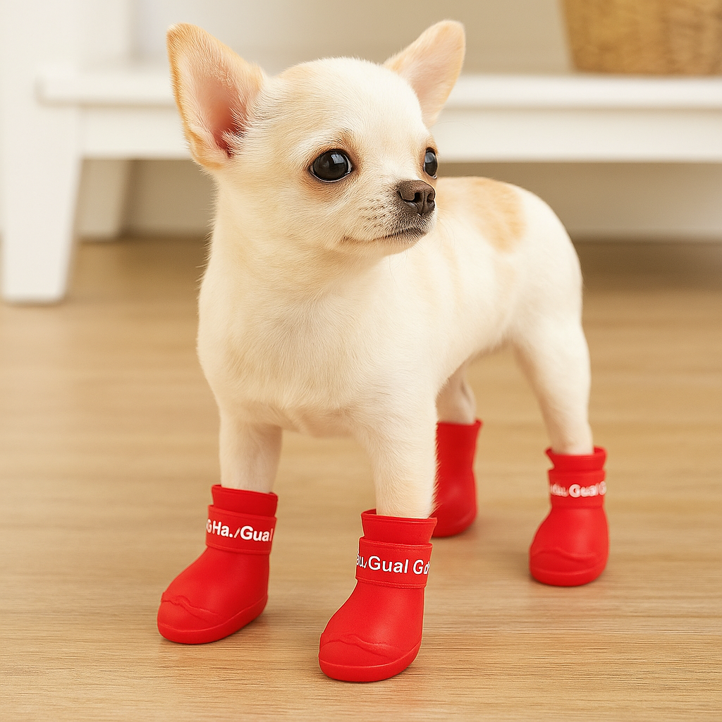 Chihuahua de couleur blanc portant des bottes pour chiens imperméable rouge de boutiquechien. En fond il y a un meuble blanc posé sur un parquet en bois. Image produit Boutiquechien Image