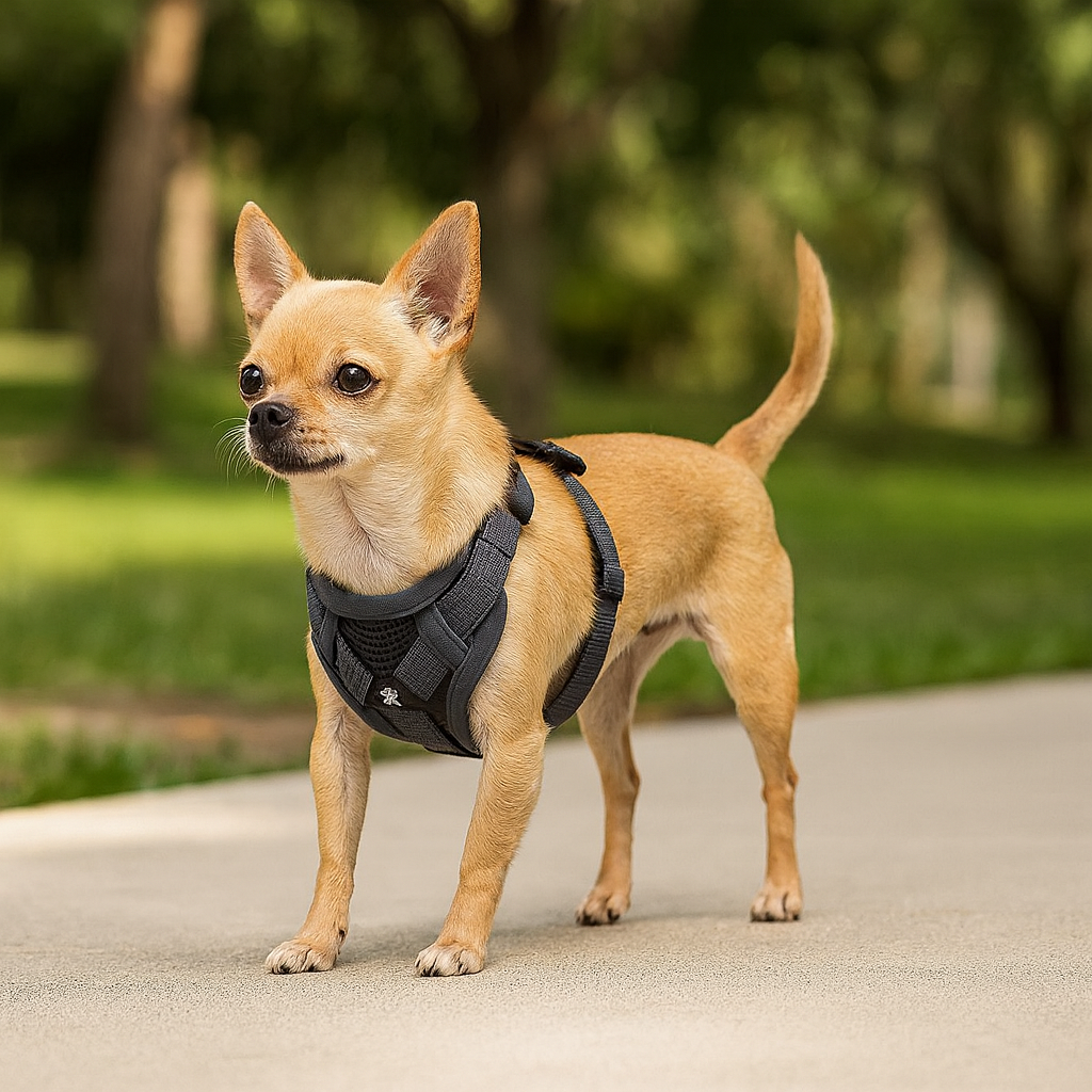 harnais de couleur gris sur un chihuahua de couleur claire. Il y a en fond de la verdure. Image produit Boutiquechien
