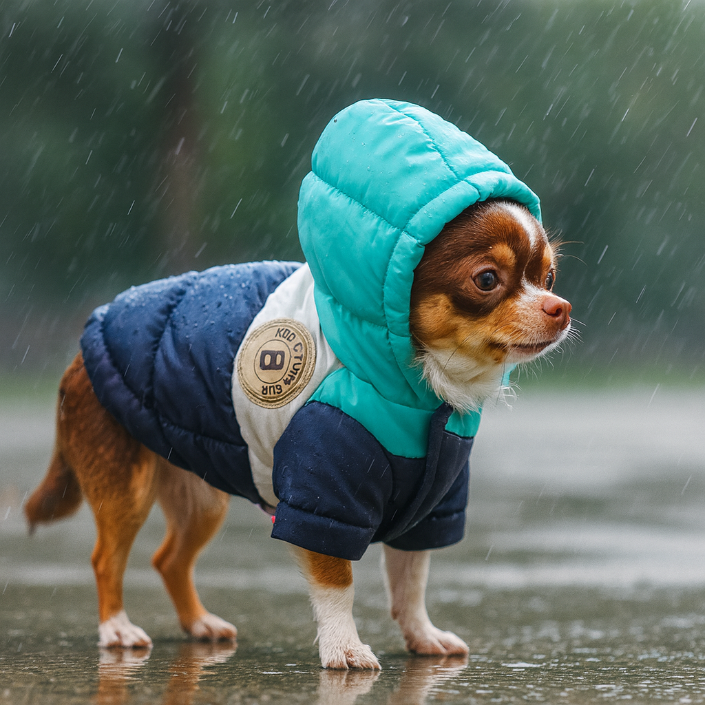 petit chihuahua de couleur brun portant une doudoune pour chien de couleur bleu. Le chien est debout sous la pluie. Image produit Boutiquechien Image