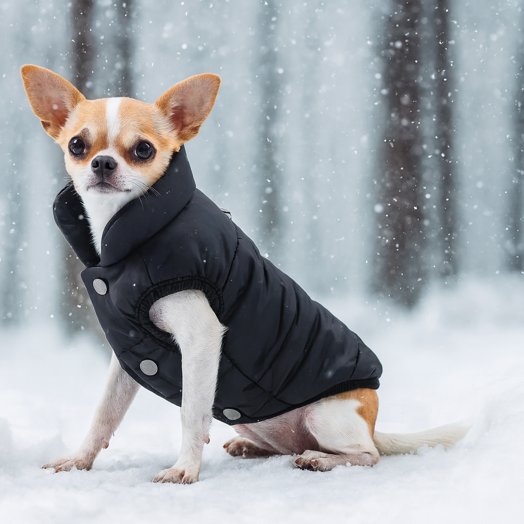 Petit chihuahua de couleur claire portant une veste pour chihuahua de couleur noir avec des points de pression gris. Le chien est assis dans la neige blanche. Image produit boutiquechien Image
