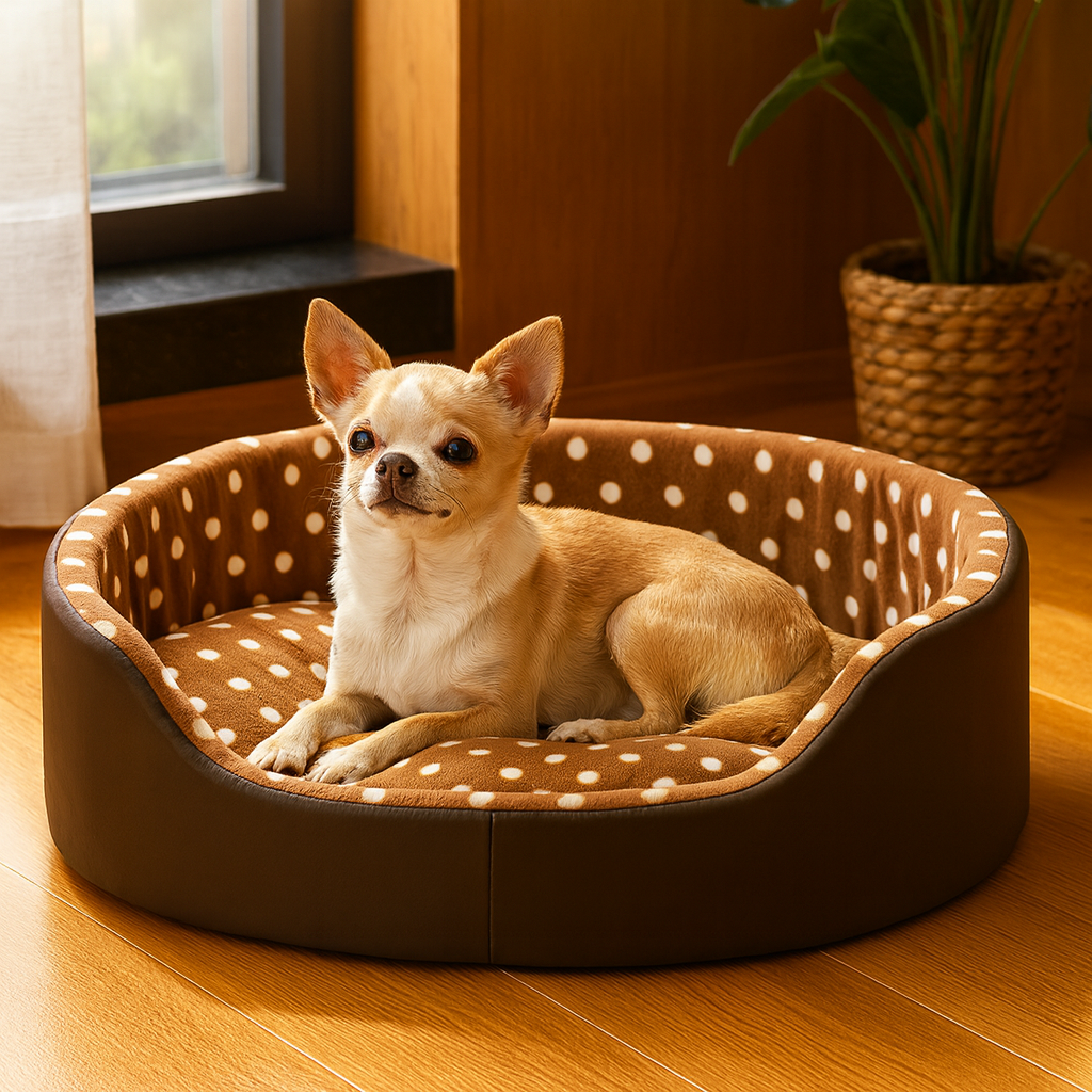 chihuahua de couleur claire dans un petit panier pour chien de couleur brun avec des pois blancs. Le panier est posé dans un salon de couleur claire avec en fond une plante verte
