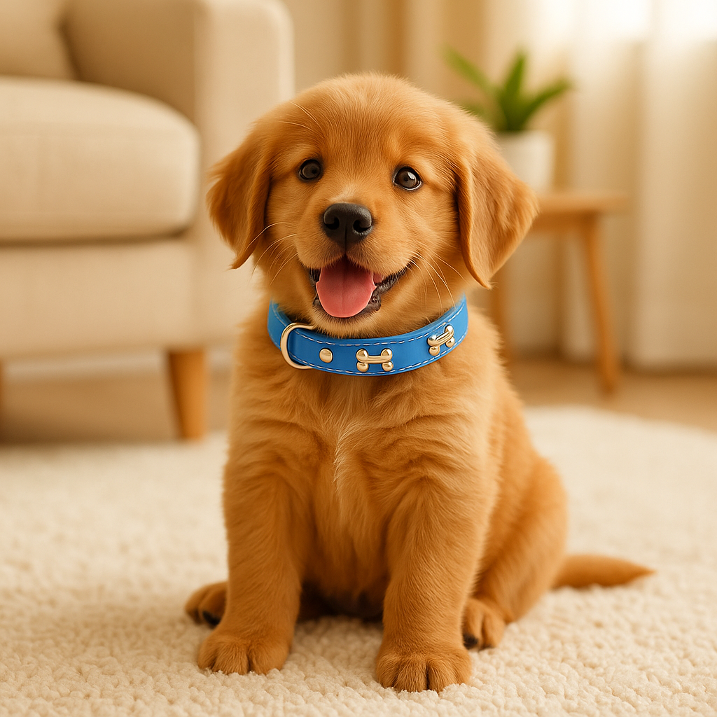 Chiot roux portant un collier pour chiot bleu. Le chiot est assis dans un salon de couleur claire avec en fond un canapé blanc. Image produit Boutiquechien Image