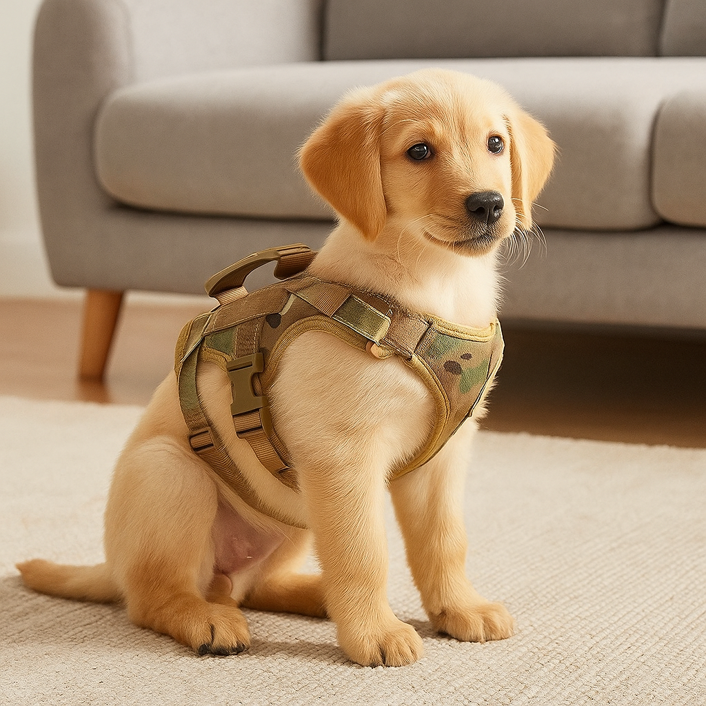 Golden retriever blanc avec harnais tactique khaki. Le chien est assis dans un salon avec en fond un canapé gris. Image produti Boutiquechien