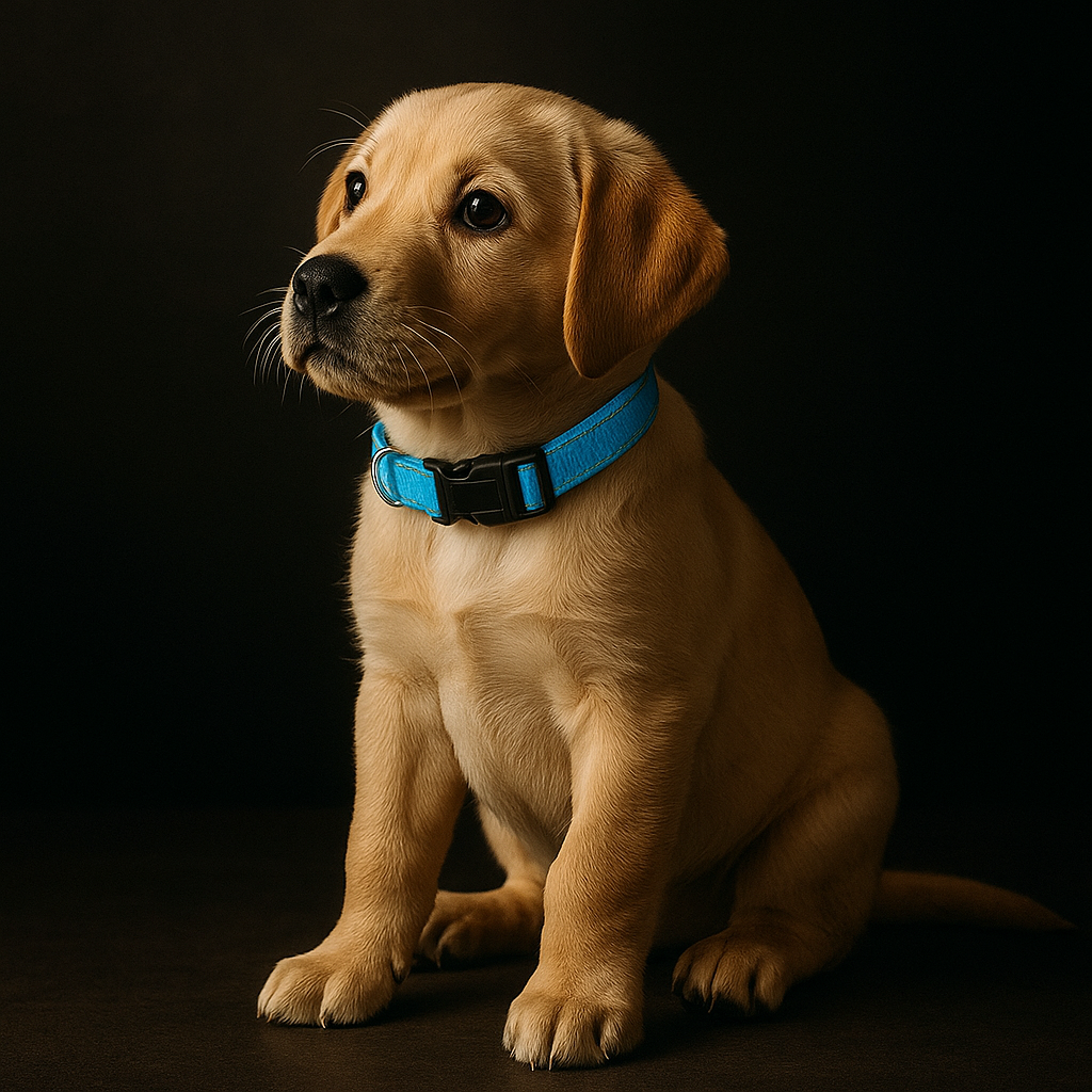 Chiot mis en valeur dans un fond noir avec un collier chiot femelle bleu. Image produit Boutiquechien