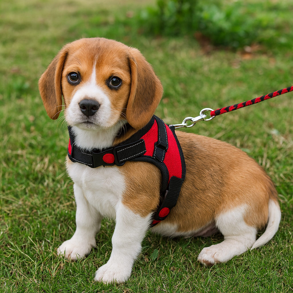 Chiot beagle de couleur brun et blanc portant un harnais adapté de couleur rouge et noir assis sur l'herbe verte. Image produit Boutiquechien