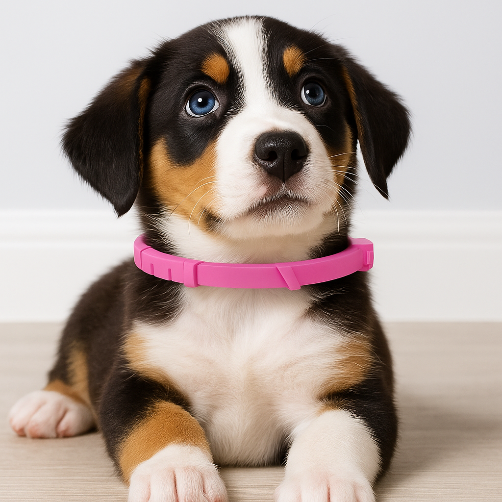 Chiot de couleur noir et blanc avec un collier chiot relaxant rose Image