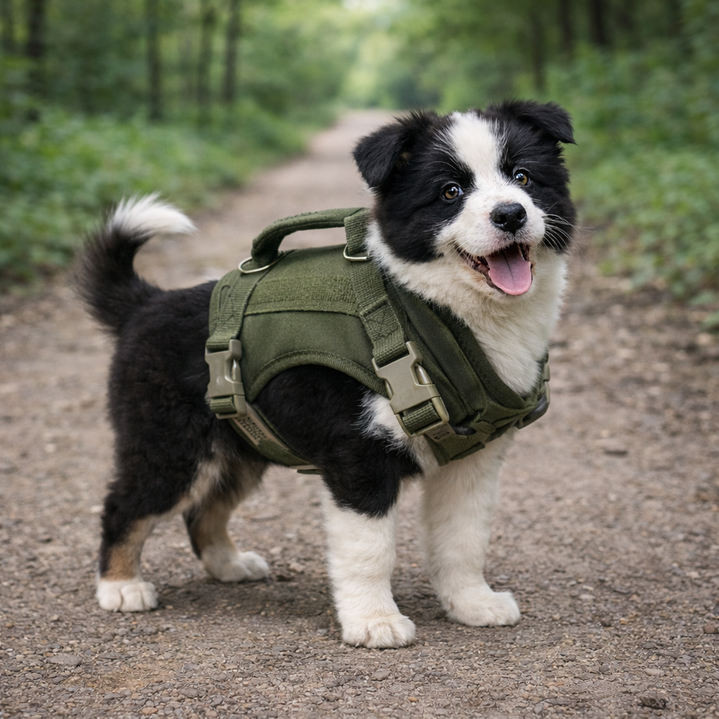 chiot de couleur blanc et noir portant un harnais border collie kaki sur un chemin de bois Image