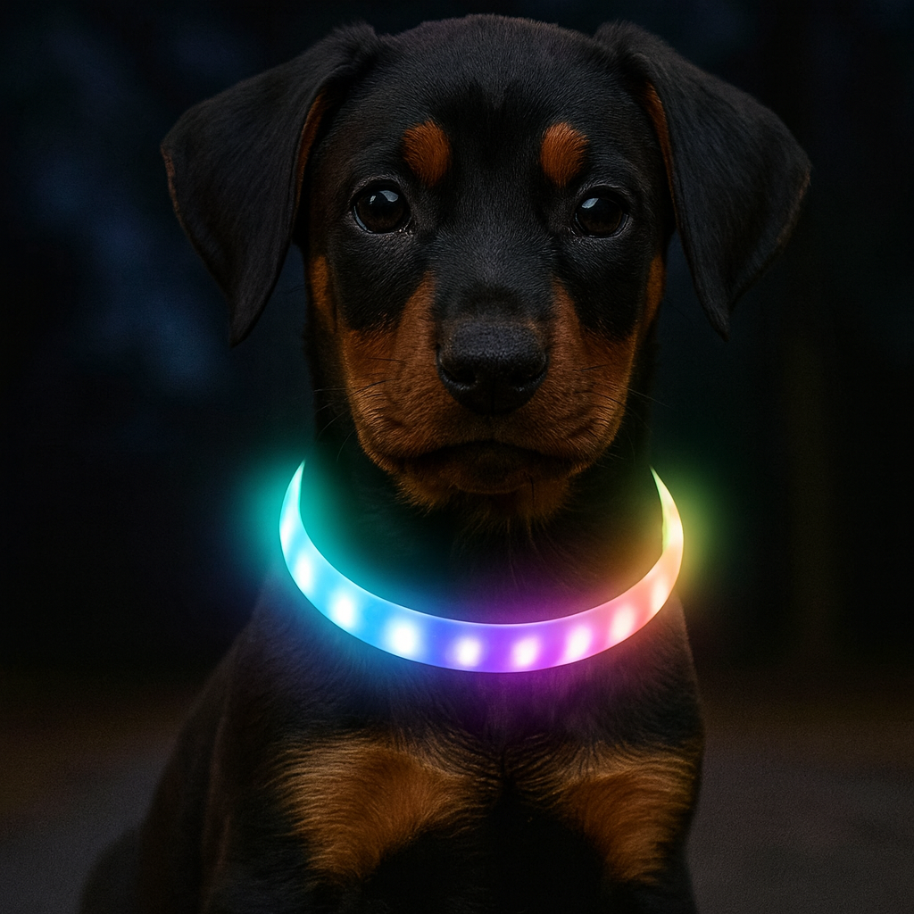chiot domrerman portant le collier chiot lumineux. Les chiot est de couleur brun et noir dans la nuit 