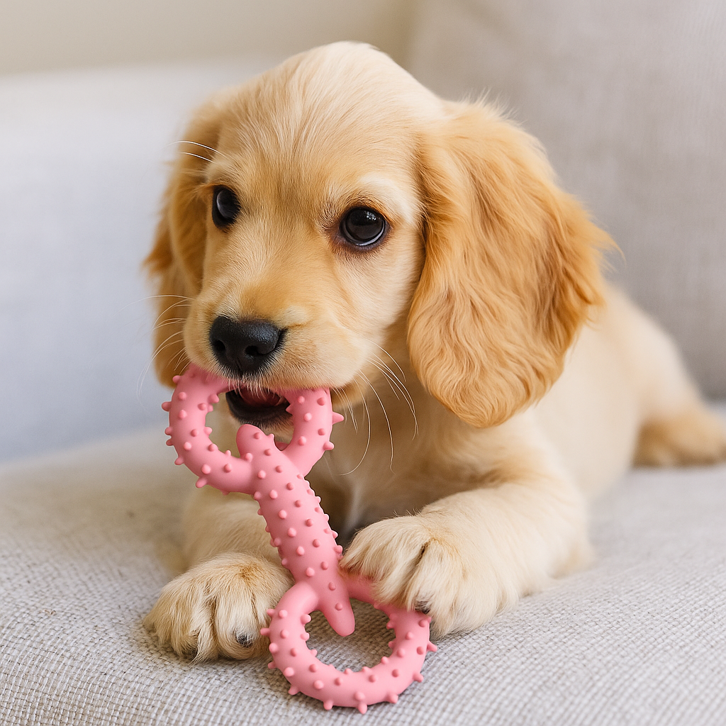 Chiot de couleur blanc jouant avec son petit os à mâchouiller de couleur rose. Le chiot est couché sur un canapé de couleur gris. Image produit Boutiquechien