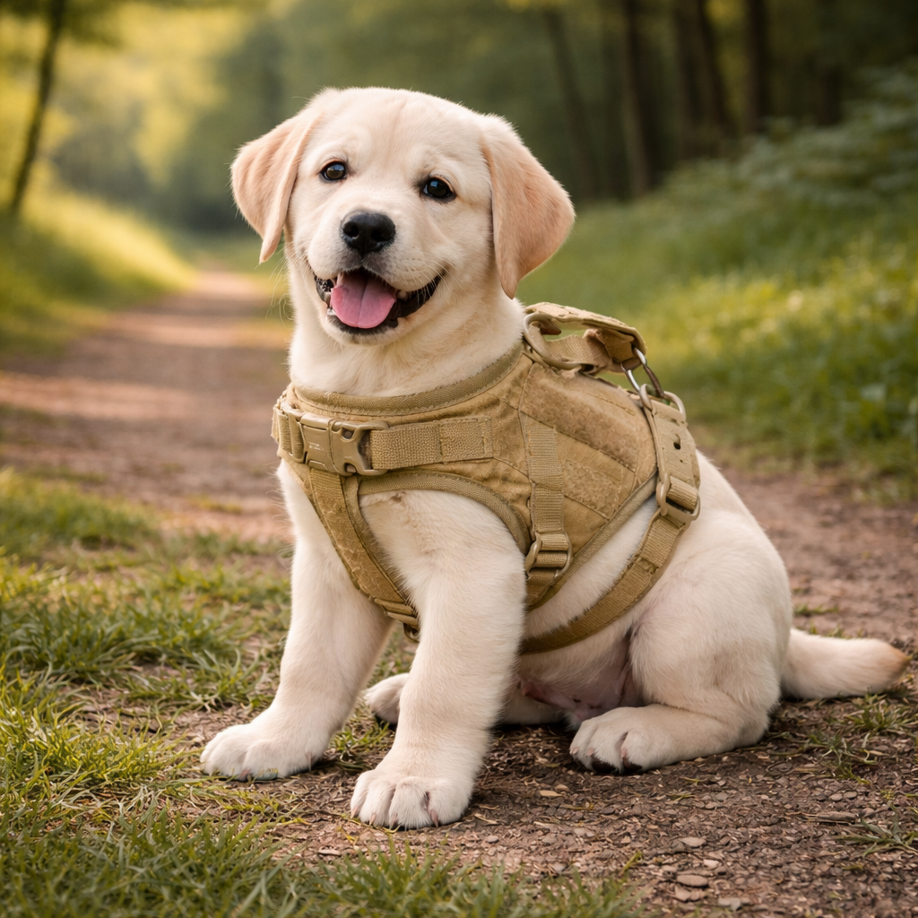labrador de couleur blanc portant un harnais de couleur beige dans une foret de couleur verte.  Image