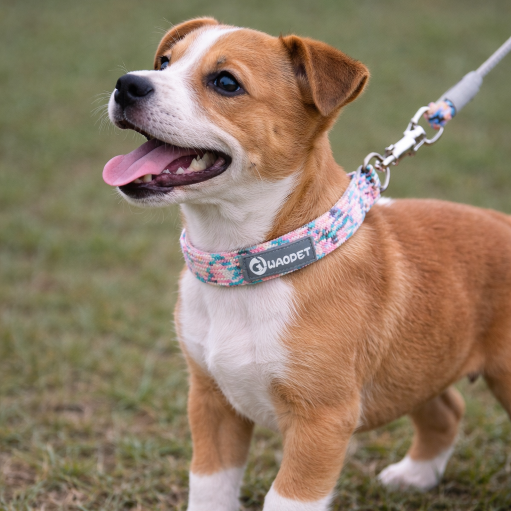Chiot staffi de couleur brun et blanc portant un collier pour chiot rose et gris dans l'herbe verte