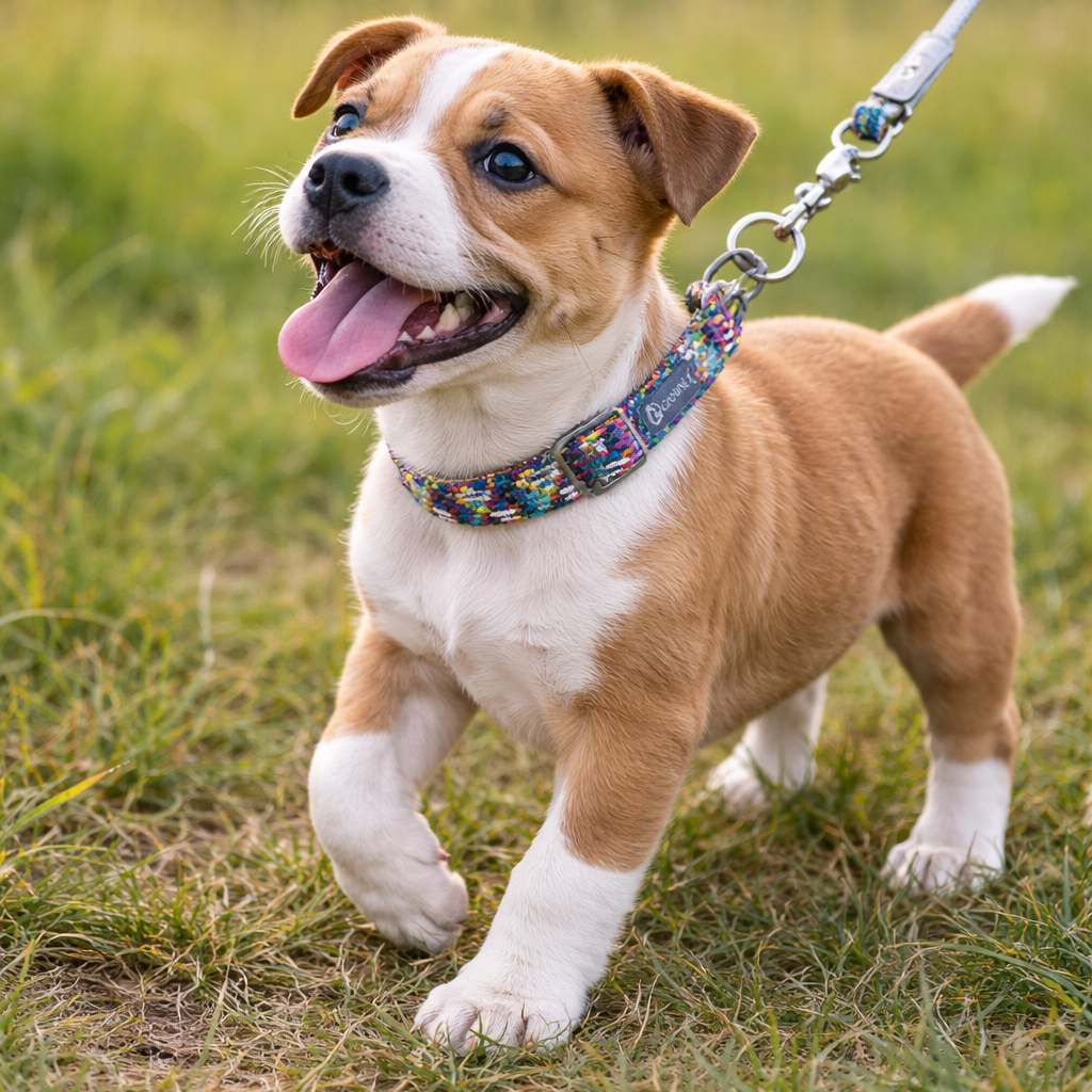 Chiot staffi de couleur brun claire et blanc dans l'herbe verte portant un collier pour chiot staffi