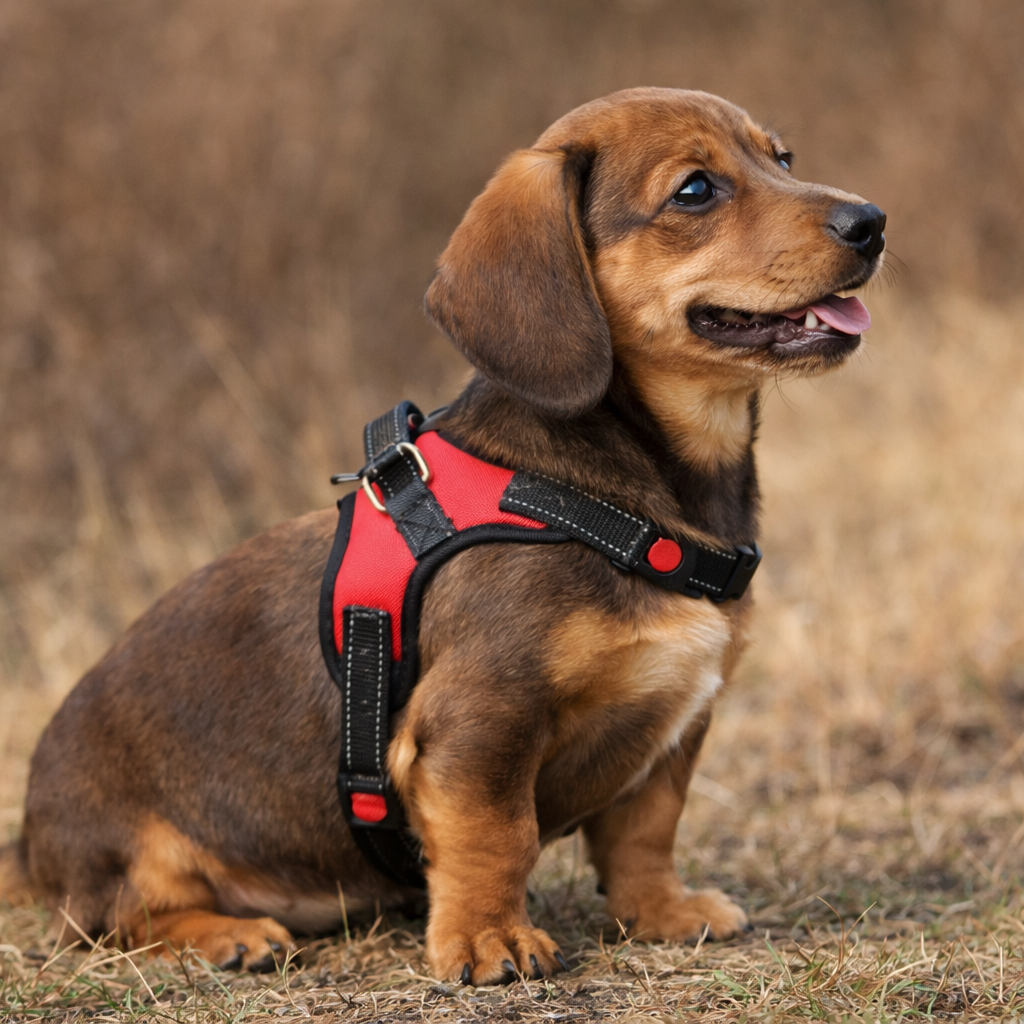 Chiot teckel de couleur brun portant un harnais chiot de couleur rouge et noir dans de l'herbe séché. Image