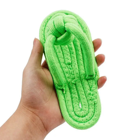 claquette style corde de couleur verte faites en nylon tenu par une mains. Image produit Boutiquechien