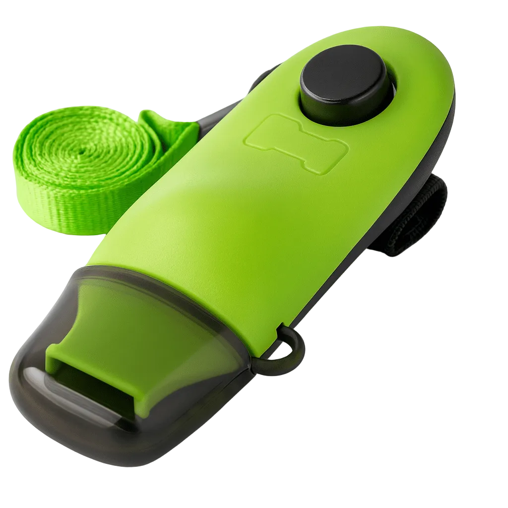 Clicker pour chien multi fonctions de couleur vert et noir. Image produit Boutiquechien