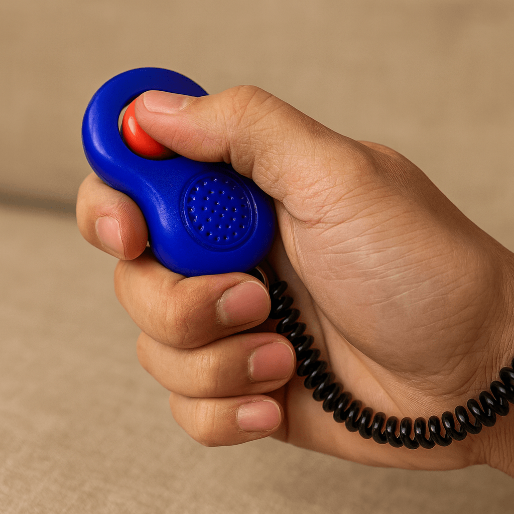 Clicker pour chien de couleur bleu avec lanière noir. Le clicker est tenu par une main. Image produit Boutiquechien