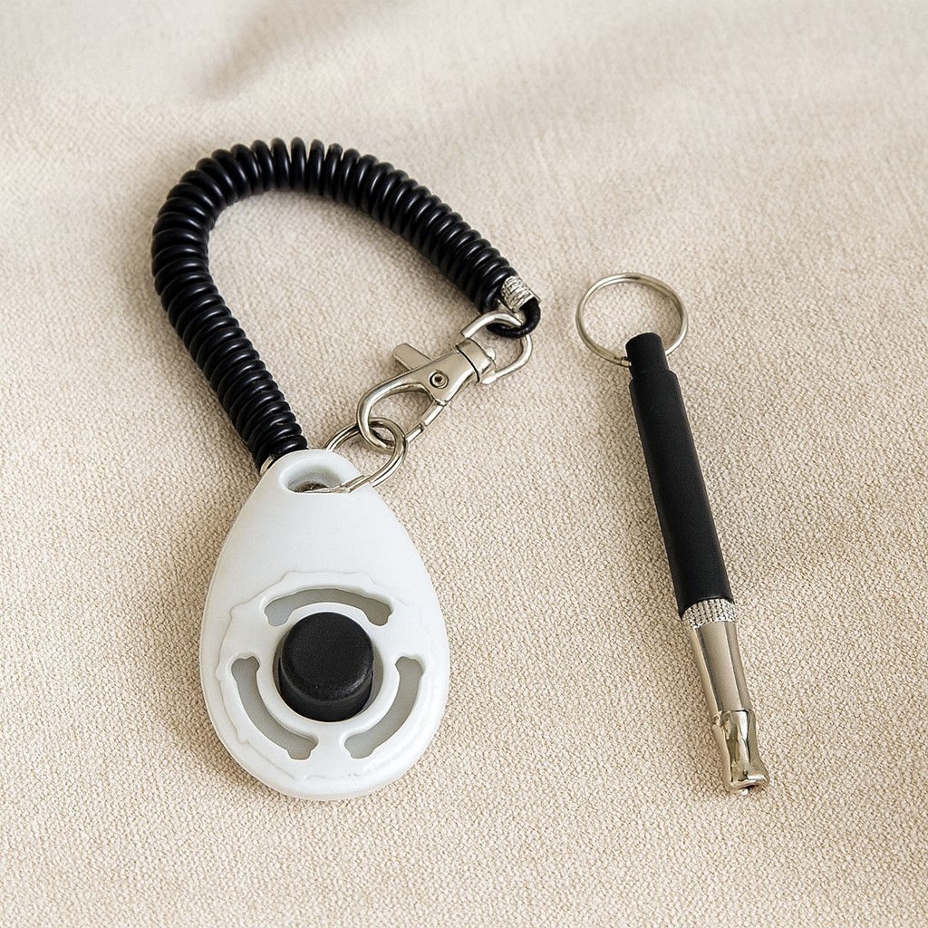 Clicker de couleur blanc avec un sillet de couleur noir posé sur un tissu gris. Image produit Boutiquechien