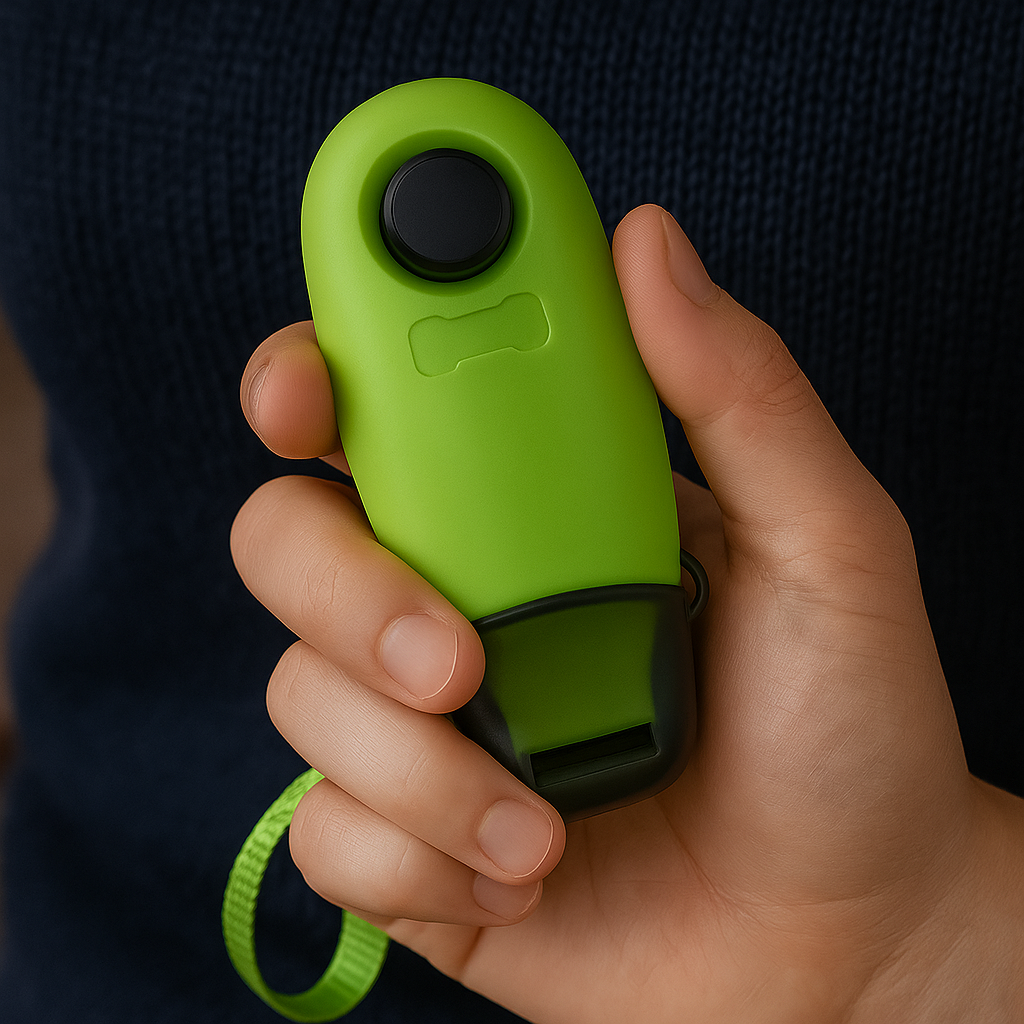 Main tenant le clicker pour chien de couleur vert et noir.Image produit Boutiquechien
