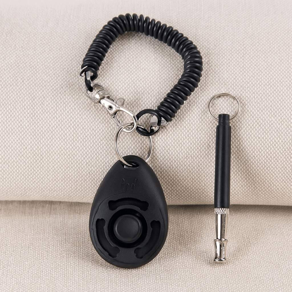 Clicher pour chien de couleur noir avec un sifflet. Image produit Boutiquechien