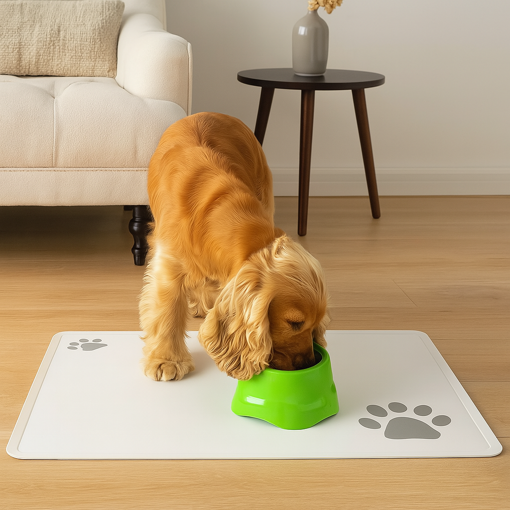 Cocker roux buvant dans une gamelle adapté à ses oreilles. La gamelle pour chien verte est posé sur une protection de gamelle blanche dans un salon. En fond il y a un canapé blanc et une table basse. Image produit Boutiquechien Image