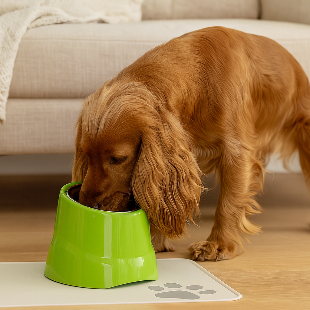 Cocker roux buvant dans la gamelle pour chien de couleur verte dans un salon de couleur claire. En fond il y a un canapé de couleur blanc. Image produit Boutiquechien Image