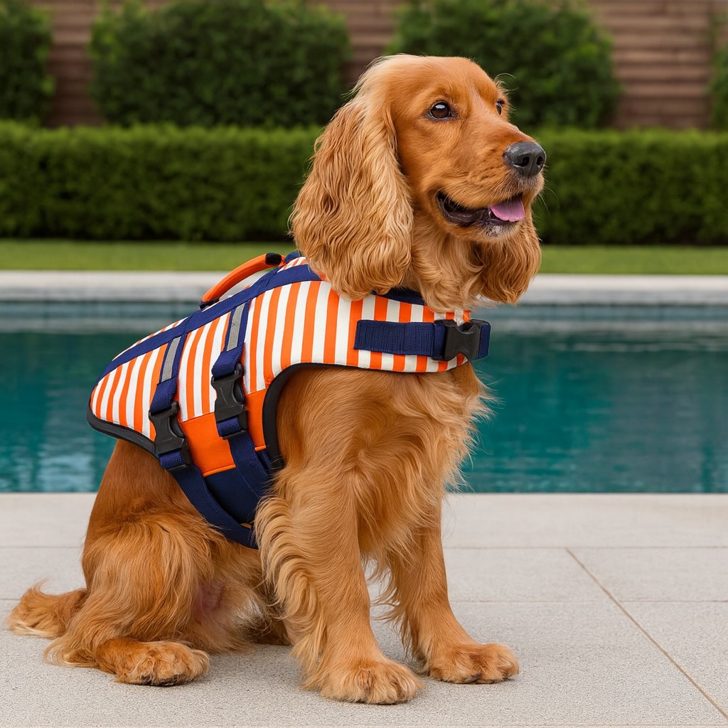 Cocker roux portant un harnais de sauvetage de couleur orang est blanc rayé avec des lanières bleu. Le chien est assis à côté d'une piscine. Image produit Boutiquechien Image