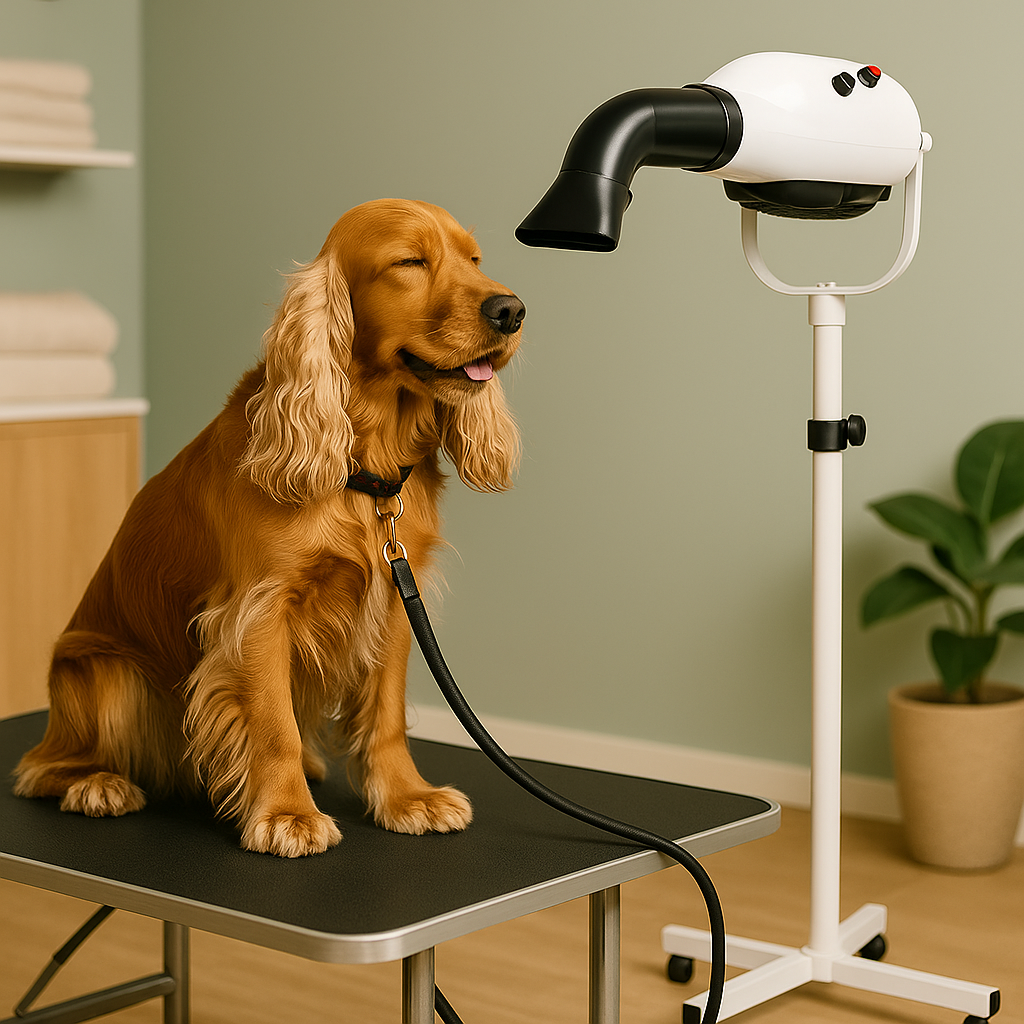 Cocker posé sur une table de toilettage noir. Le cocker roux se fait sécher par un pulseur chien professionnel posé sur un pied à roulette. Image produit Boutiquechien
