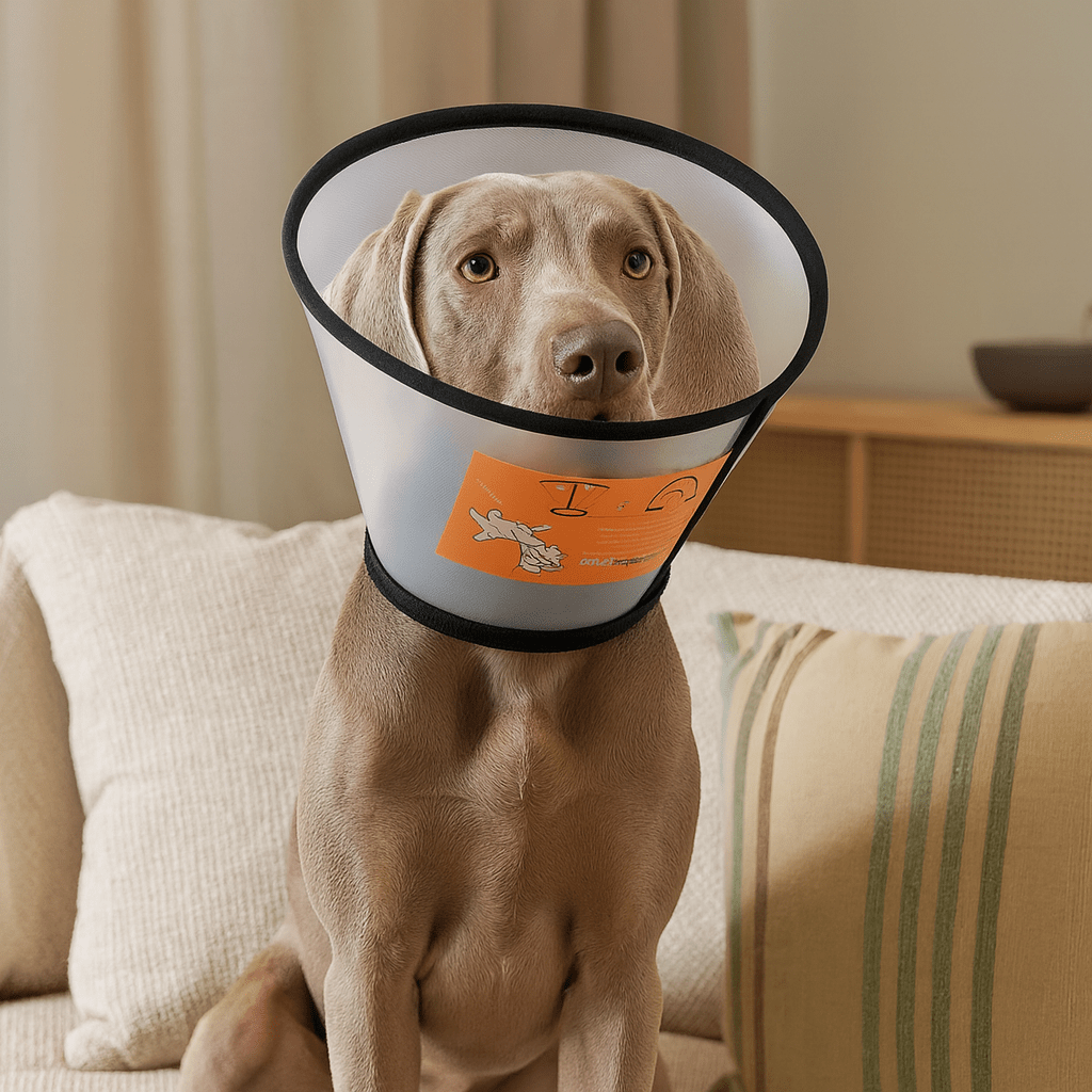 Collerette pour chien transparente et noir avec un chien de couleur gris le portant. le chien est assis sur un canapé de couleur claire. Image produit Boutiquechien