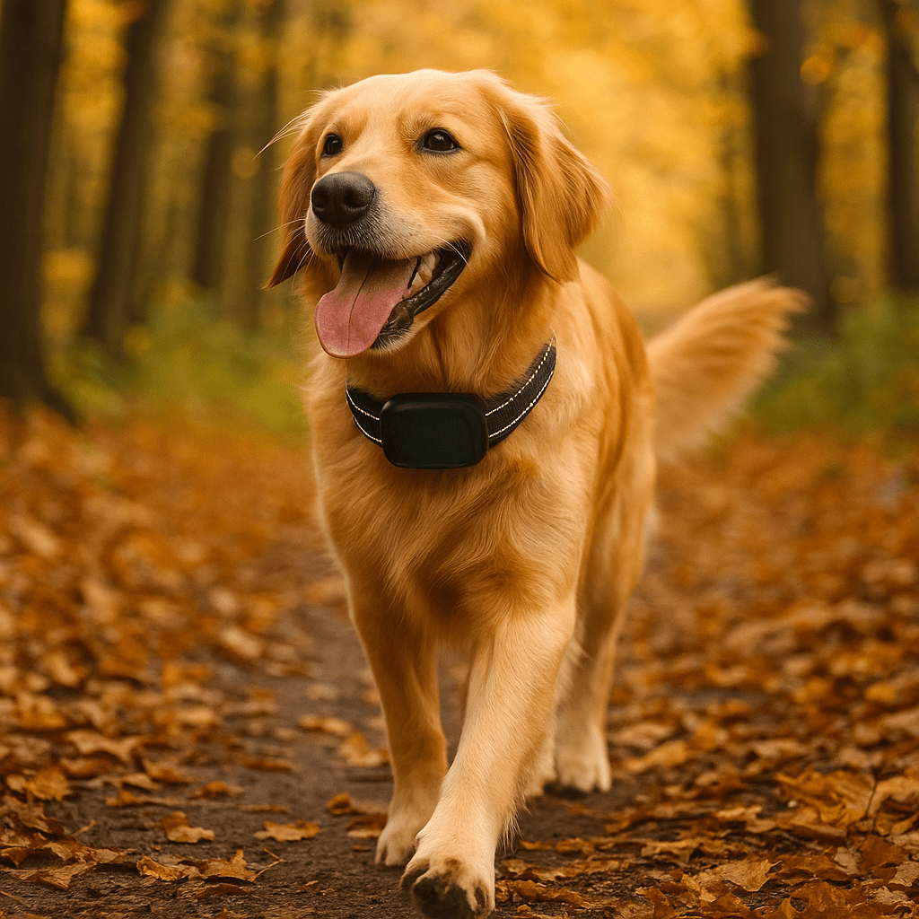 Golden retriever de couleur roux marchant dans les bois avec plein de feuilles. Le chien marche sur une allé en terre. Image produit Boutiquechien Image