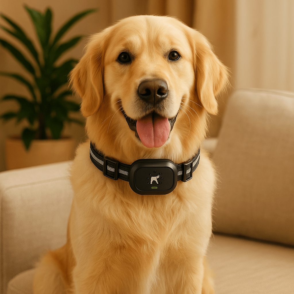 Golden retriever de couleur blanc portant le collier chien d'éducation dans un salon de couleur claire. Image produit Boutiquechien Image