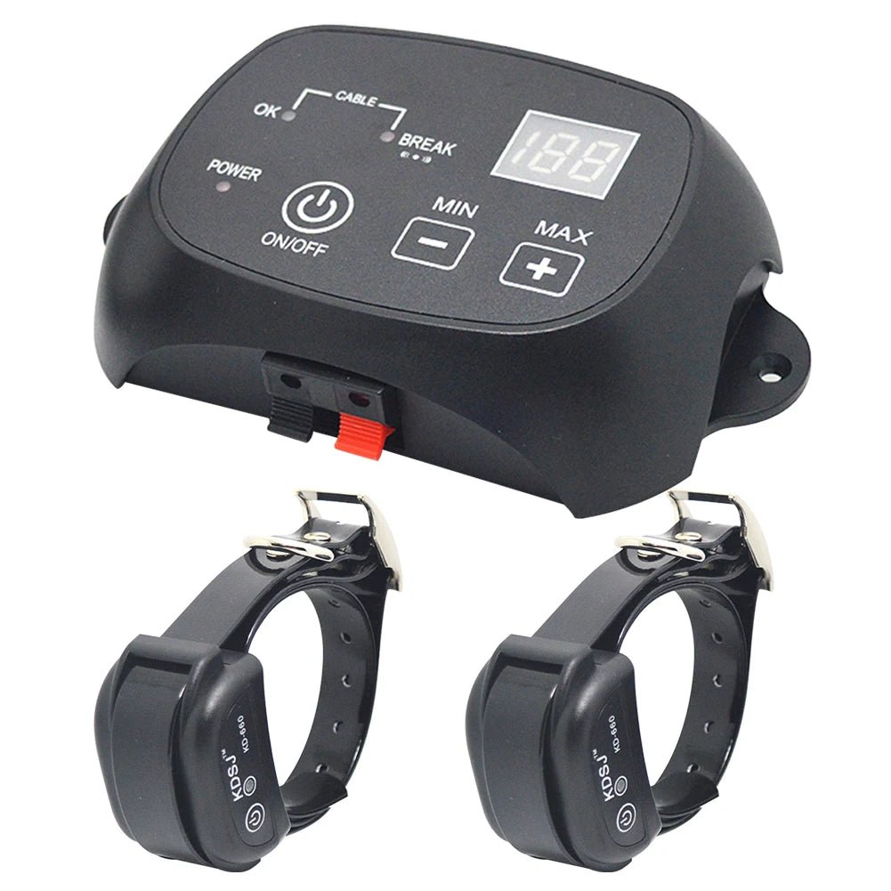 Deux colliers chiens avec récepteur de couleur noir lui aussi. Parfait pour sécuriser votre jardin. Image produit Boutiquechien