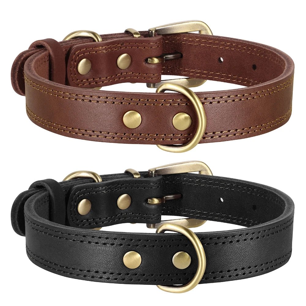 Collier cuir pour chien de couleurs brun et noir. Les attaches sont métalliques. Image produit Boutiquechien