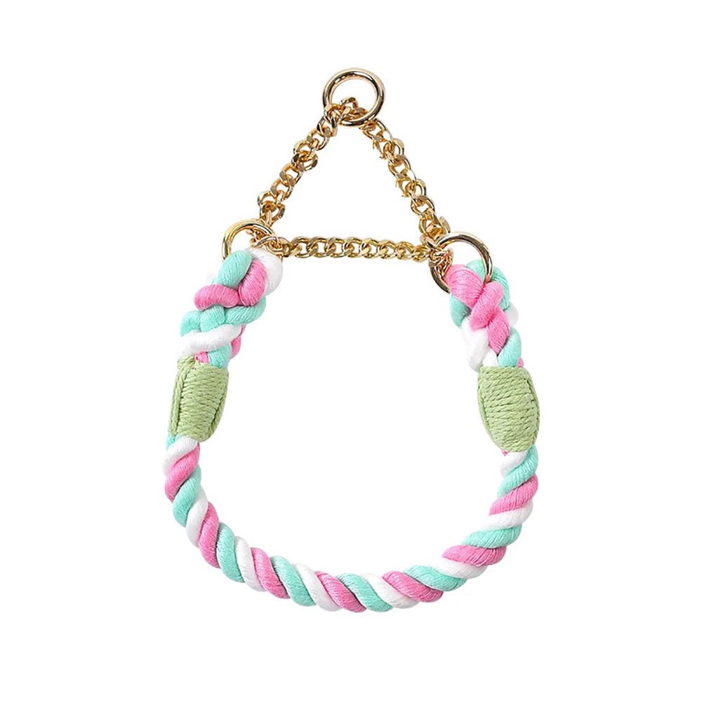 Collier en corde pour chien rose blanc et vert 