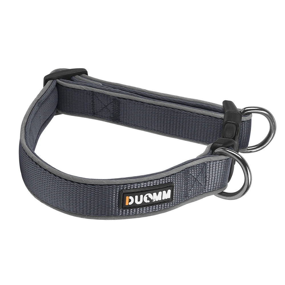 collier pour chien anti-fugue de couleur gris résistant. Le collier chien possède deux mousqueton pour plus de sécurité et de résistance. Image produit Boutiquechien