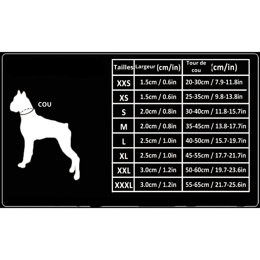 toutes les dimension du collier étrangleur chien en nylon de Boutiquechien