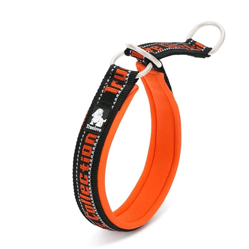 collier pour chien étrangleur de couleur noir et orange avec comme écriture en rouge 'trulove". Image produit Boutiquechien. l'image est de biais 