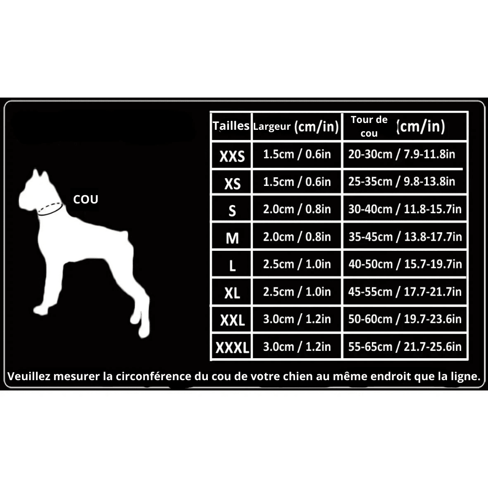 Dimension total du collier étrangleur pour chien rouge. Taille du tour de cou pour trouver le bon collier. Tableau de boutiquechien