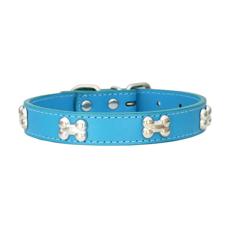 Collier style cuir de couleur bleu pour chiot. Le collier possède des médaillons en forme d'os. Image produit Boutiquechien