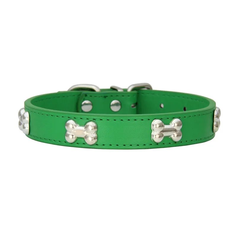 Collier style cuir de couleur vert pour chiot. Le collier possède des médaillons en forme d'os. Image produit Boutiquechien