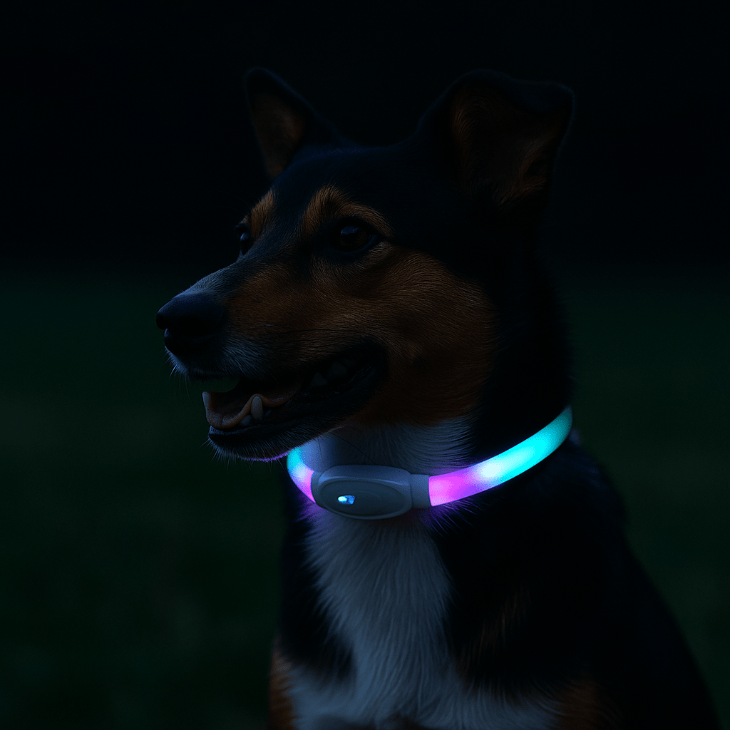chien portant un collier lumineux. Le chien est assis et porte le collier de couleurs bleu et rose. Image produit Boutiquechien